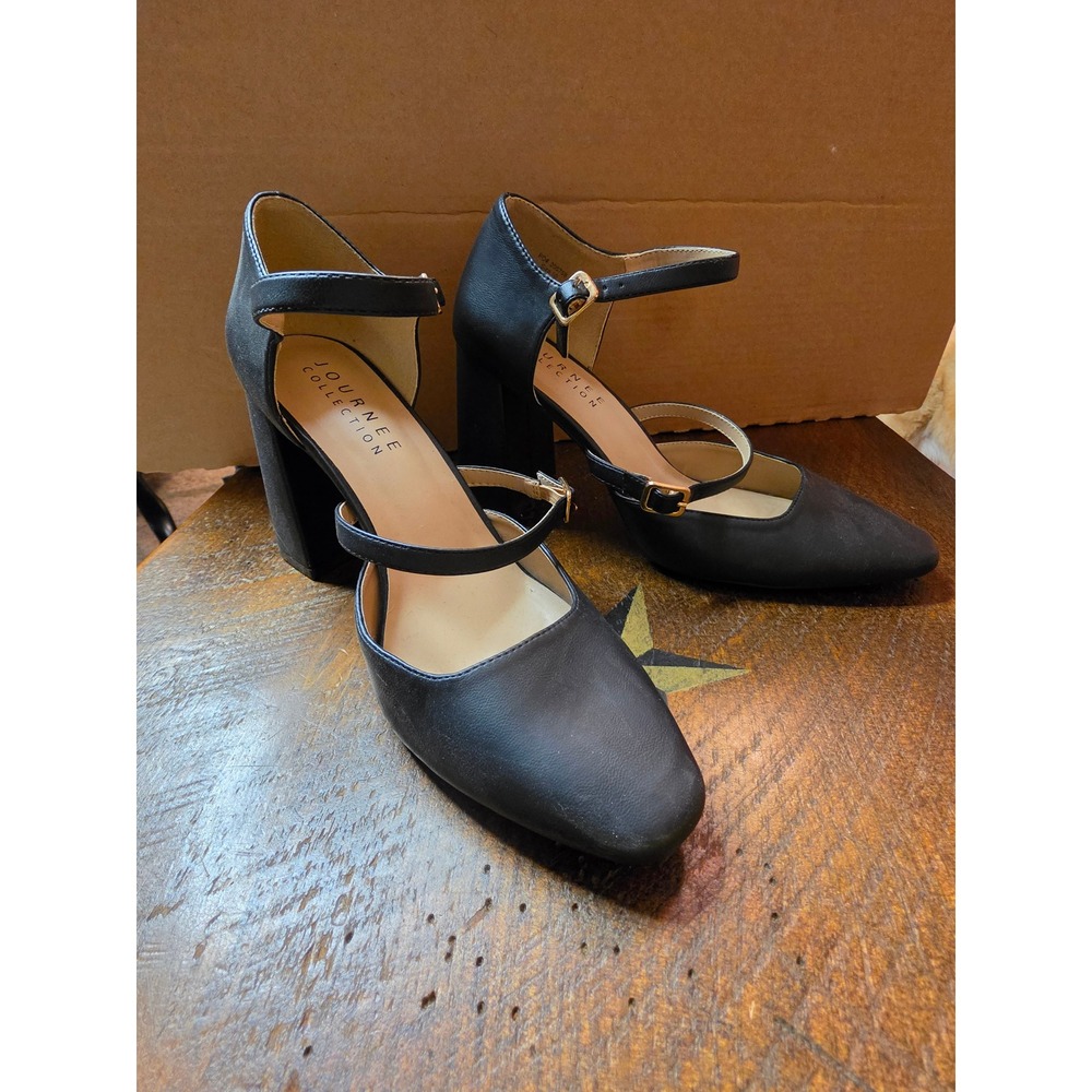 Journee Collection Black Double Strap Mary Jane Block Heel Pumps Womens Shoes
